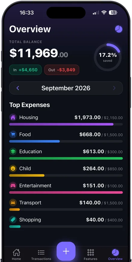 Overview screen with total balance, percent saved, and budget progress bars for housing, food, education, child, entertainment, transport and shopping.