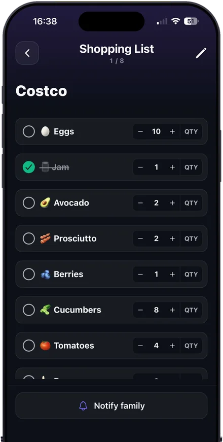 Shared shopping list with quantities next to each item and one item already checked off.